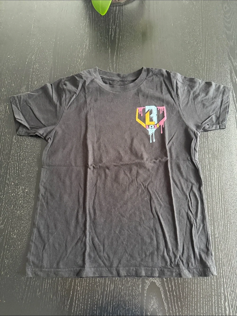 Kids baseball 101 Black Short Sleeve Tee with Colorful Drip Heart Graphic